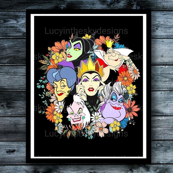 Disney Villains in Spring Flowers Art Print Wall Decor - Picture 1 of 4